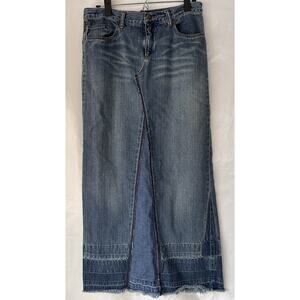 Express Jeans Denim Blue Midi Skirt Distressed Raw Hem 7 8 100% Cotton Vtg